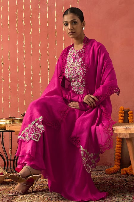 Shop Shivani Bhargava Pink Chanderi, Cotton Embroidery, Gota Patti, Sequins, Floral Anarkali Set Online at Aza Fashions Shop_Shivani Bhargava_Pink Chanderi, Cotton Embroidery, Gota Patti, Sequins, Floral Anarkali Set _Online_at_Aza_Fashions