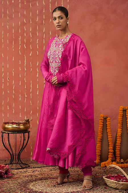 Shivani Bhargava Pink Chanderi, Cotton Embroidery, Gota Patti, Sequins, Floral Anarkali Set at Aza Fashions Shivani Bhargava_Pink Chanderi, Cotton Embroidery, Gota Patti, Sequins, Floral Anarkali Set _at_Aza_Fashions