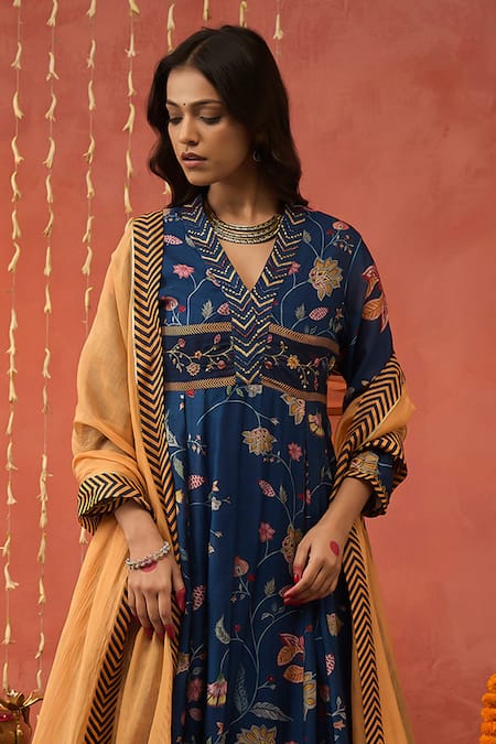 Shivani Bhargava Blue Chanderi, Cotton, Silk Diamonds, Sequins V-neck Embroidered Anarkali Set Online at Aza Fashions Shivani Bhargava_Blue Chanderi, Cotton, Silk Diamonds, Sequins V-neck Embroidered Anarkali Set _Online_at_Aza_Fashions