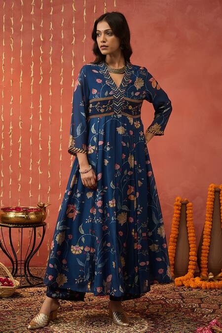Shop Shivani Bhargava Blue Chanderi, Cotton, Silk Diamonds, Sequins V-neck Embroidered Anarkali Set Online at Aza Fashions Shop_Shivani Bhargava_Blue Chanderi, Cotton, Silk Diamonds, Sequins V-neck Embroidered Anarkali Set _Online_at_Aza_Fashions