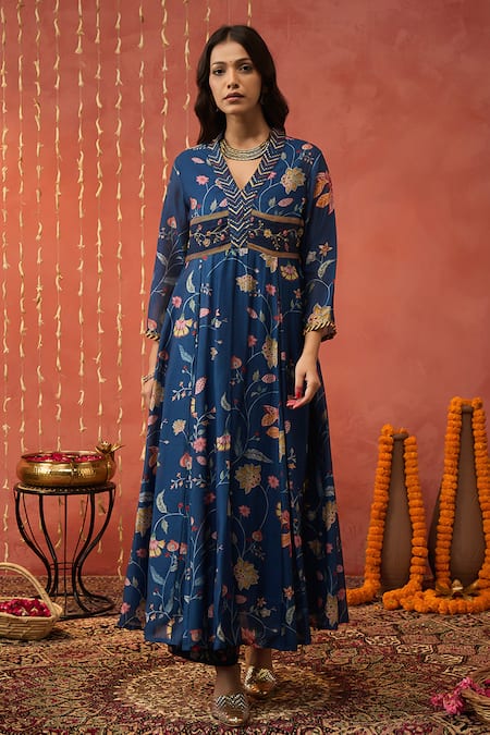 Buy Shivani Bhargava Blue Chanderi, Cotton, Silk Diamonds, Sequins V-neck Embroidered Anarkali Set Buy_Shivani Bhargava_Blue Chanderi, Cotton, Silk Diamonds, Sequins V-neck Embroidered Anarkali Set