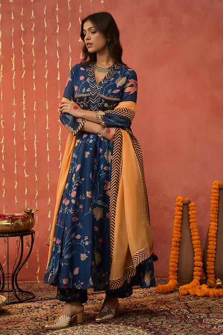 Shop Shivani Bhargava Blue Chanderi, Cotton, Silk Diamonds, Sequins V-neck Embroidered Anarkali Set Shop_Shivani Bhargava_Blue Chanderi, Cotton, Silk Diamonds, Sequins V-neck Embroidered Anarkali Set
