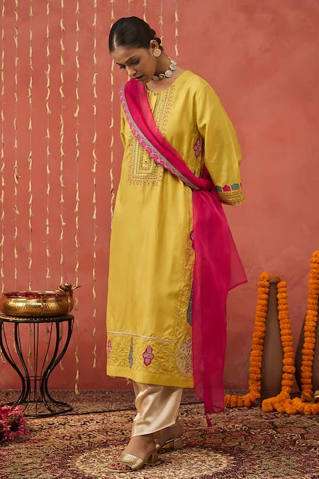 Buy_Shivani Bhargava_Yellow Chanderi, Organza, Mughal Motif Kurta And Dhoti Salwar Set _Online_at_Aza_Fashions