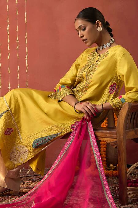 Shop_Shivani Bhargava_Yellow Chanderi, Organza, Mughal Motif Kurta And Dhoti Salwar Set _Online_at_Aza_Fashions