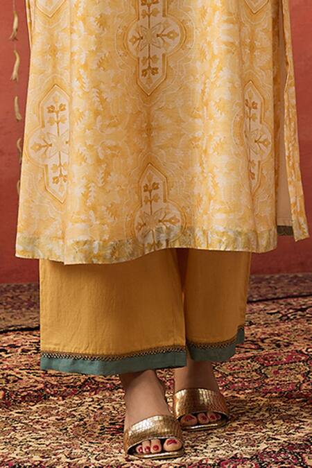 Shivani Bhargava Yellow Chanderi, Cotton, Silk, Organza Mughal Jaal Print Kurta Palazzo Set Online at Aza Fashions Shivani Bhargava_Yellow Chanderi, Cotton, Silk, Organza Mughal Jaal Print Kurta Palazzo Set _Online_at_Aza_Fashions