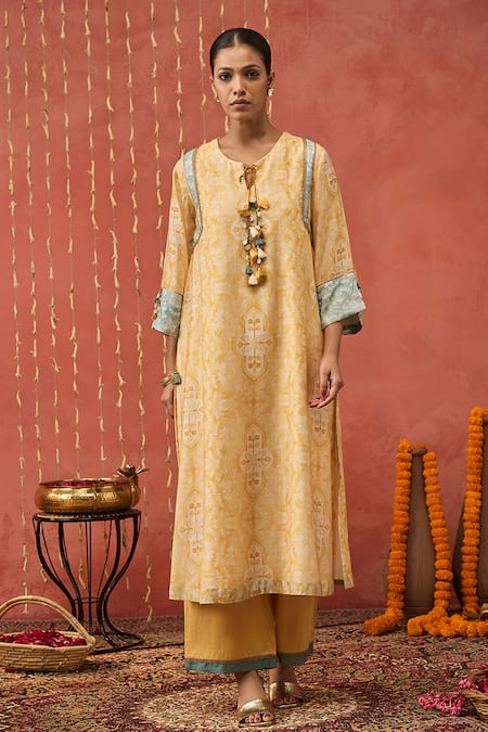 Buy Shivani Bhargava Yellow Chanderi, Cotton, Silk, Organza Mughal Jaal Print Kurta Palazzo Set Online at Aza Fashions Buy_Shivani Bhargava_Yellow Chanderi, Cotton, Silk, Organza Mughal Jaal Print Kurta Palazzo Set _Online_at_Aza_Fashions