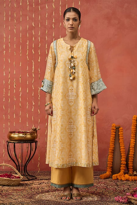 Shop Shivani Bhargava Yellow Chanderi, Cotton, Silk, Organza Mughal Jaal Print Kurta Palazzo Set Online at Aza Fashions Shop_Shivani Bhargava_Yellow Chanderi, Cotton, Silk, Organza Mughal Jaal Print Kurta Palazzo Set _Online_at_Aza_Fashions