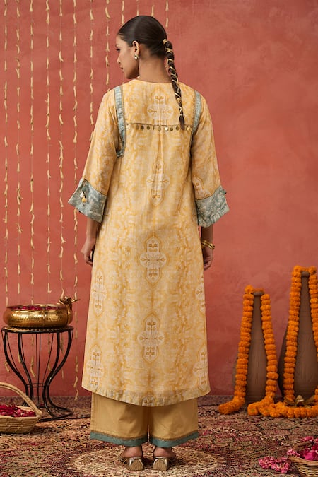 Shop Shivani Bhargava Yellow Chanderi, Cotton, Silk, Organza Mughal Jaal Print Kurta Palazzo Set at Aza Fashions Shop_Shivani Bhargava_Yellow Chanderi, Cotton, Silk, Organza Mughal Jaal Print Kurta Palazzo Set _at_Aza_Fashions
