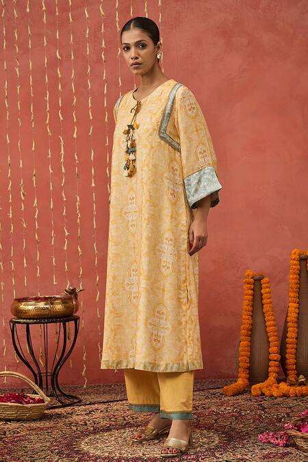 Shivani Bhargava Yellow Chanderi, Cotton, Silk, Organza Mughal Jaal Print Kurta Palazzo Set at Aza Fashions Shivani Bhargava_Yellow Chanderi, Cotton, Silk, Organza Mughal Jaal Print Kurta Palazzo Set _at_Aza_Fashions