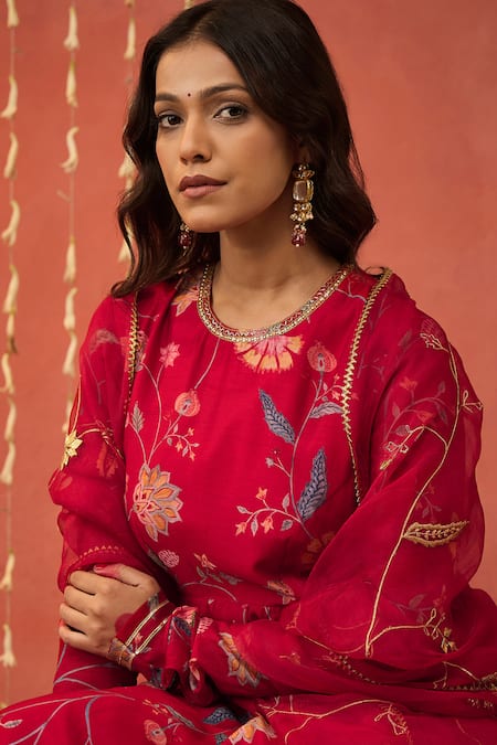 Shop Shivani Bhargava Red Chanderi, Organza, Cotton, Sequins, Chintz Print Anarkali Set Online at Aza Fashions Shop_Shivani Bhargava_Red Chanderi, Organza, Cotton, Sequins, Chintz Print Anarkali Set _Online_at_Aza_Fashions