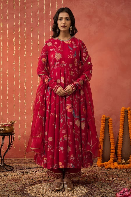 Shivani Bhargava Red Chanderi, Organza, Cotton, Sequins, Chintz Print Anarkali Set at Aza Fashions Shivani Bhargava_Red Chanderi, Organza, Cotton, Sequins, Chintz Print Anarkali Set _at_Aza_Fashions