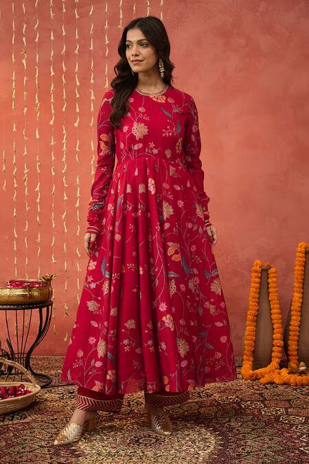 Buy Shivani Bhargava Red Chanderi, Organza, Cotton, Sequins, Chintz Print Anarkali Set Buy_Shivani Bhargava_Red Chanderi, Organza, Cotton, Sequins, Chintz Print Anarkali Set