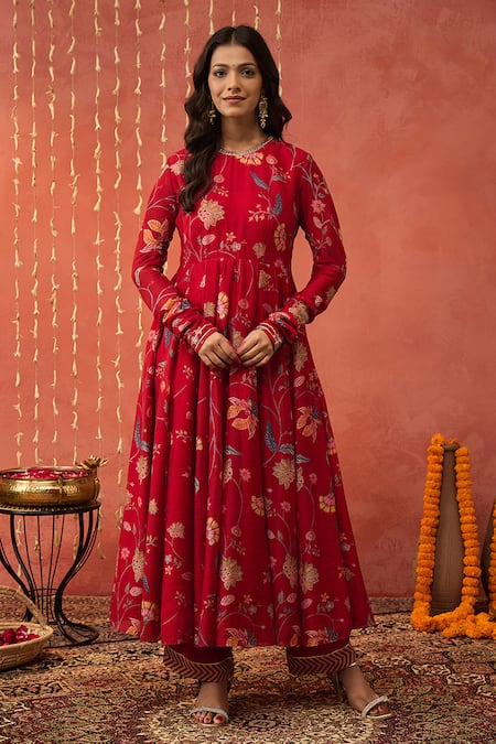 Shop Shivani Bhargava Red Chanderi, Organza, Cotton, Sequins, Chintz Print Anarkali Set Shop_Shivani Bhargava_Red Chanderi, Organza, Cotton, Sequins, Chintz Print Anarkali Set