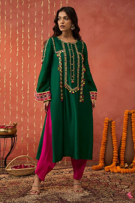 Shivani Bhargava_Green Chanderi, Silk Sequins, Tassels Round Neck And Pink Embroidered Kurta Set _Online_at_Aza_Fashions