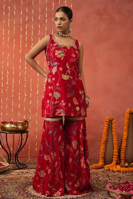 Buy Shivani Bhargava Red Chanderi, Organza Sequins, Zari, Embroidery Round Neck Kurta Sharara Set Online at Aza Fashions Buy_Shivani Bhargava_Red Chanderi, Organza Sequins, Zari, Embroidery Round Neck Kurta Sharara Set _Online_at_Aza_Fashions