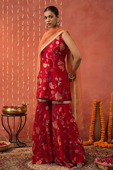 Shop Shivani Bhargava Red Chanderi, Organza Sequins, Zari, Embroidery Round Neck Kurta Sharara Set Online at Aza Fashions Shop_Shivani Bhargava_Red Chanderi, Organza Sequins, Zari, Embroidery Round Neck Kurta Sharara Set _Online_at_Aza_Fashions