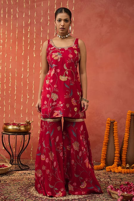 Buy Shivani Bhargava Red Chanderi, Organza Sequins, Zari, Embroidery Round Neck Kurta Sharara Set Buy_Shivani Bhargava_Red Chanderi, Organza Sequins, Zari, Embroidery Round Neck Kurta Sharara Set