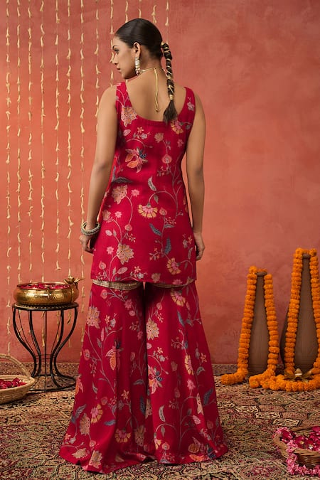 Shop Shivani Bhargava Red Chanderi, Organza Sequins, Zari, Embroidery Round Neck Kurta Sharara Set at Aza Fashions Shop_Shivani Bhargava_Red Chanderi, Organza Sequins, Zari, Embroidery Round Neck Kurta Sharara Set _at_Aza_Fashions