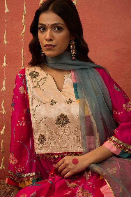 Shivani Bhargava_Red Chanderi, Cotton, Organza Gota Patti, Zari, Embroidery Kurta Palazzo Set _Online_at_Aza_Fashions