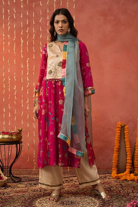 Shop_Shivani Bhargava_Red Chanderi, Cotton, Organza Gota Patti, Zari, Embroidery Kurta Palazzo Set _Online_at_Aza_Fashions