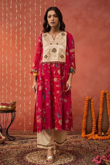 Shivani Bhargava_Red Chanderi, Cotton, Organza Gota Patti, Zari, Embroidery Kurta Palazzo Set _at_Aza_Fashions