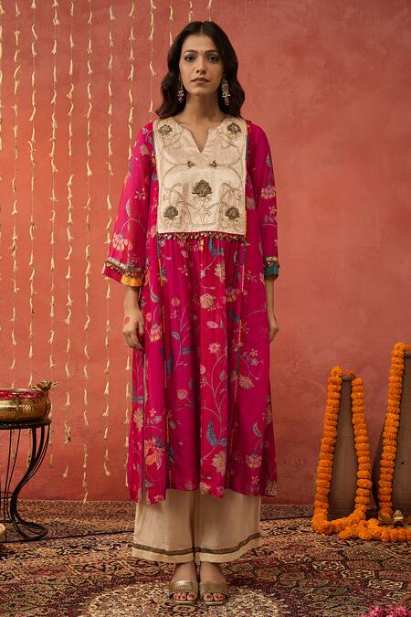 Buy_Shivani Bhargava_Red Chanderi, Cotton, Organza Gota Patti, Zari, Embroidery Kurta Palazzo Set 