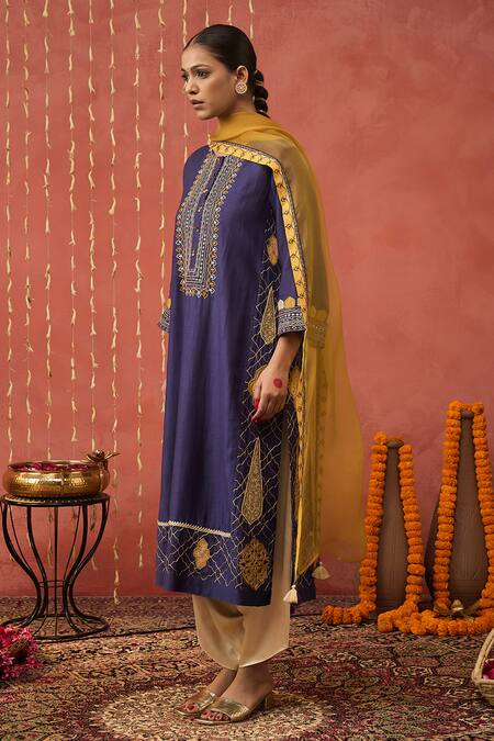 Shop Shivani Bhargava Purple Chanderi, Organza, Bloom Motif Kurta And Dhoti Salwar Set Shop_Shivani Bhargava_Purple Chanderi, Organza, Bloom Motif Kurta And Dhoti Salwar Set