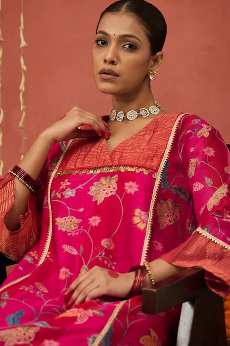 Shivani Bhargava_Pink Chanderi, Cotton Satin, Cotton, Silk Chintz Print Kurta And Dhoti Salwar Set _Online_at_Aza_Fashions