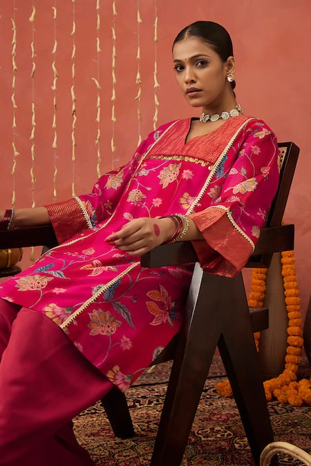 Buy_Shivani Bhargava_Pink Chanderi, Cotton Satin, Cotton, Silk Chintz Print Kurta And Dhoti Salwar Set _Online_at_Aza_Fashions