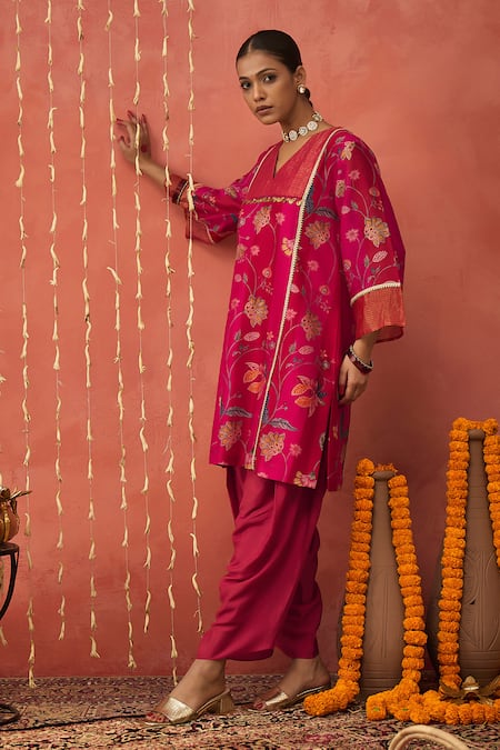 Shivani Bhargava_Pink Chanderi, Cotton Satin, Cotton, Silk Chintz Print Kurta And Dhoti Salwar Set _at_Aza_Fashions