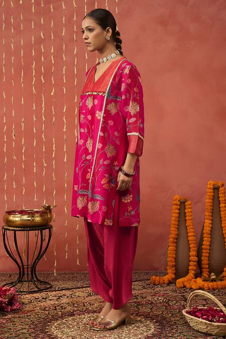 Buy_Shivani Bhargava_Pink Chanderi, Cotton Satin, Cotton, Silk Chintz Print Kurta And Dhoti Salwar Set 