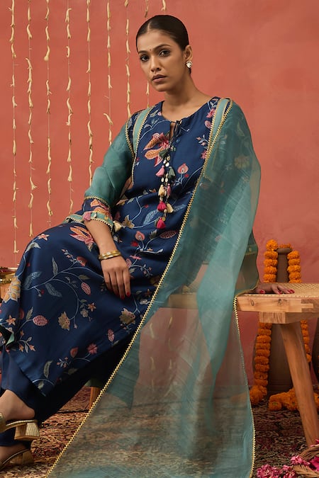 Shivani Bhargava Blue Chanderi, Organza, Cotton, Silk Chintz Print Kurta And Dhoti Salwar Set Online at Aza Fashions Shivani Bhargava_Blue Chanderi, Organza, Cotton, Silk Chintz Print Kurta And Dhoti Salwar Set _Online_at_Aza_Fashions