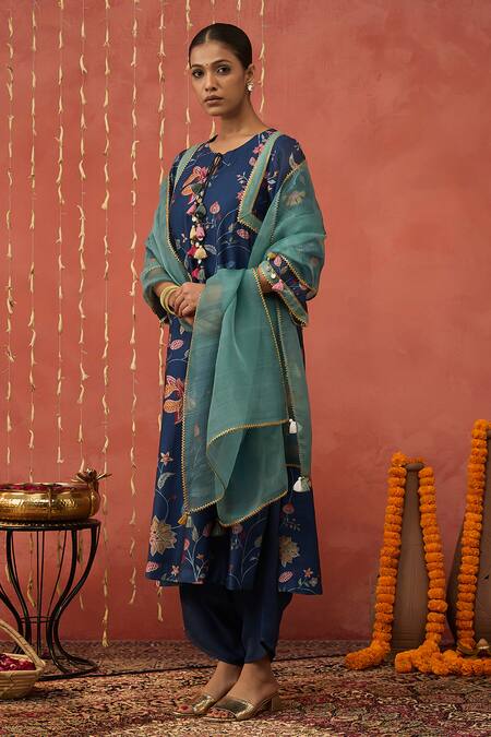Shop Shivani Bhargava Blue Chanderi, Organza, Cotton, Silk Chintz Print Kurta And Dhoti Salwar Set Online at Aza Fashions Shop_Shivani Bhargava_Blue Chanderi, Organza, Cotton, Silk Chintz Print Kurta And Dhoti Salwar Set _Online_at_Aza_Fashions