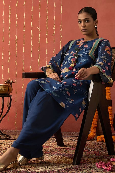Shivani Bhargava_Blue Chanderi, Cotton, Silk Gota Patti, Chintz Print Kurta And Dhoti Salwar Set _Online_at_Aza_Fashions