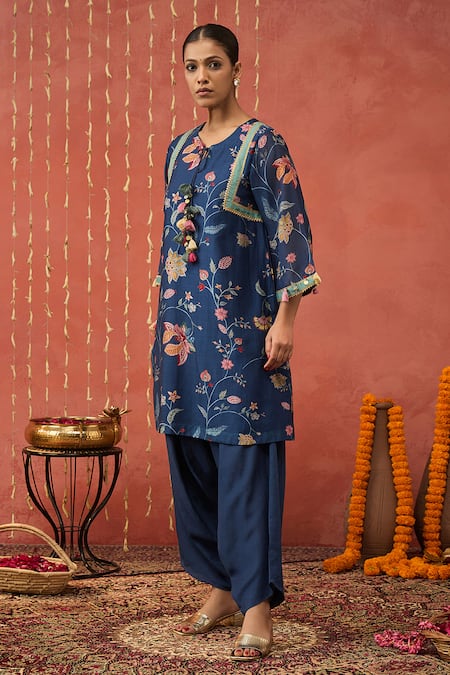 Buy_Shivani Bhargava_Blue Chanderi, Cotton, Silk Gota Patti, Chintz Print Kurta And Dhoti Salwar Set _Online_at_Aza_Fashions