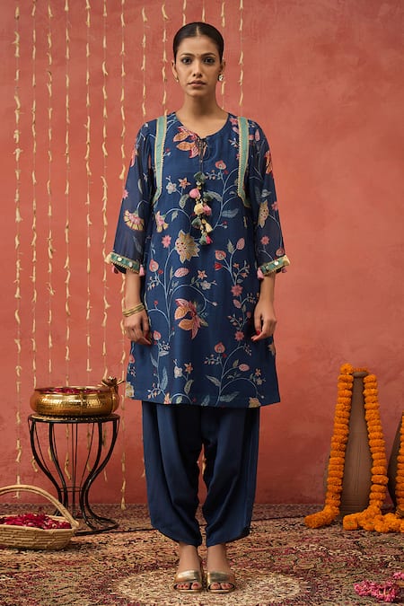 Shivani Bhargava_Blue Chanderi, Cotton, Silk Gota Patti, Chintz Print Kurta And Dhoti Salwar Set _at_Aza_Fashions