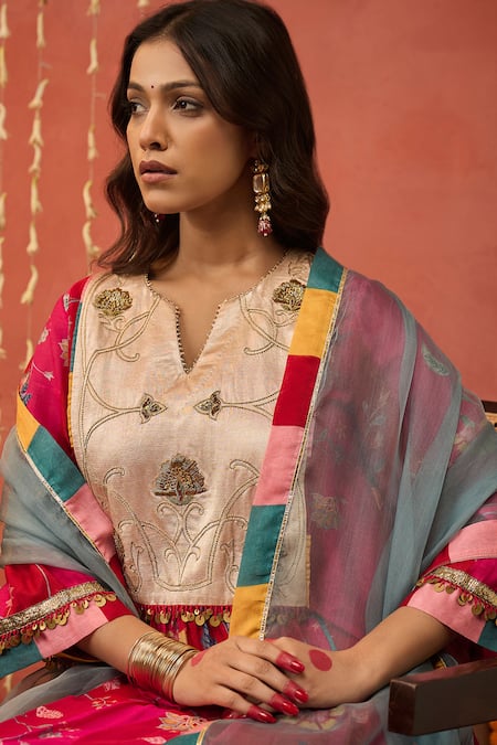 Shivani Bhargava Red Chanderi, Organza, Silk Embroidery Split Chintz Bloom Jaal Kurta And Dhoti Set Online at Aza Fashions Shivani Bhargava_Red Chanderi, Organza, Silk Embroidery Split Chintz Bloom Jaal Kurta And Dhoti Set _Online_at_Aza_Fashions