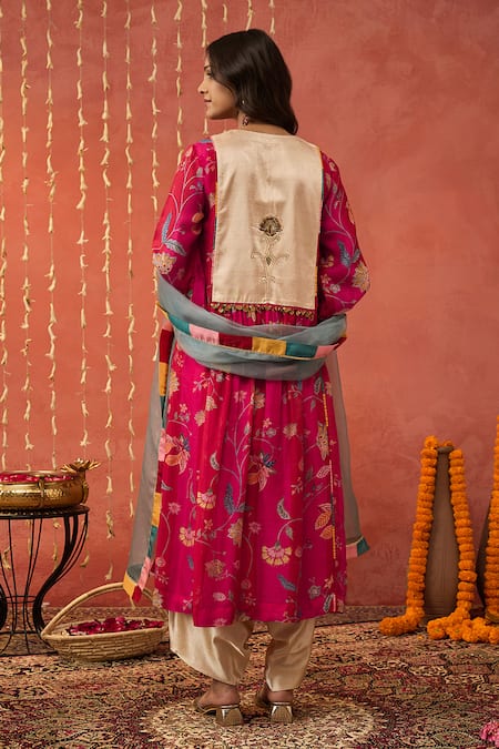 Shop Shivani Bhargava Red Chanderi, Organza, Silk Embroidery Split Chintz Bloom Jaal Kurta And Dhoti Set at Aza Fashions Shop_Shivani Bhargava_Red Chanderi, Organza, Silk Embroidery Split Chintz Bloom Jaal Kurta And Dhoti Set _at_Aza_Fashions