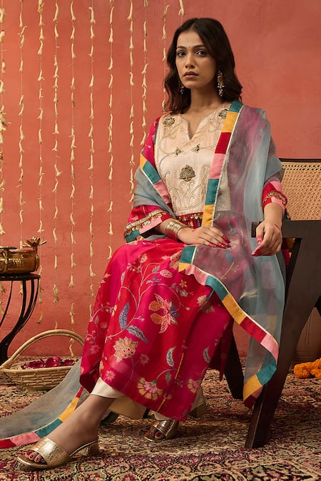 Buy Shivani Bhargava Red Chanderi, Organza, Silk Embroidery Split Chintz Bloom Jaal Kurta And Dhoti Set Online at Aza Fashions Buy_Shivani Bhargava_Red Chanderi, Organza, Silk Embroidery Split Chintz Bloom Jaal Kurta And Dhoti Set _Online_at_Aza_Fashions