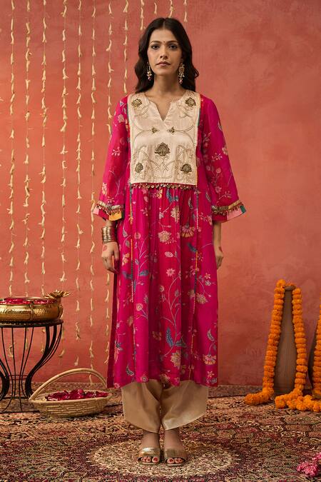 Shop Shivani Bhargava Red Chanderi, Organza, Silk Embroidery Split Chintz Bloom Jaal Kurta And Dhoti Set Online at Aza Fashions Shop_Shivani Bhargava_Red Chanderi, Organza, Silk Embroidery Split Chintz Bloom Jaal Kurta And Dhoti Set _Online_at_Aza_Fashions
