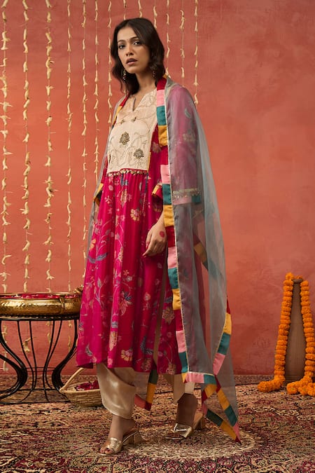 Shivani Bhargava Red Chanderi, Organza, Silk Embroidery Split Chintz Bloom Jaal Kurta And Dhoti Set at Aza Fashions Shivani Bhargava_Red Chanderi, Organza, Silk Embroidery Split Chintz Bloom Jaal Kurta And Dhoti Set _at_Aza_Fashions
