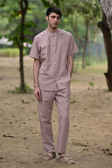 Raas Life_Pink Linen, Cotton Salmon Solid Shirt _Online_at_Aza_Fashions