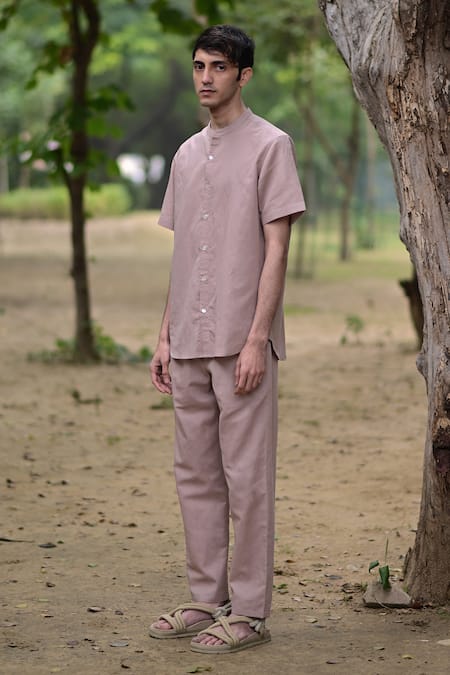 Buy_Raas Life_Pink Linen, Cotton Salmon Solid Shirt _Online_at_Aza_Fashions