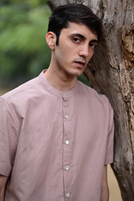 Raas Life_Pink Linen, Cotton Salmon Solid Shirt _at_Aza_Fashions