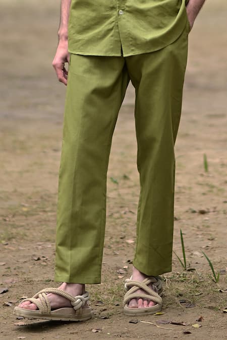 RAAS LIFE_Green Linen, Cotton Solid Olive Shirt And Pant Set _Online_at_Aza_Fashions