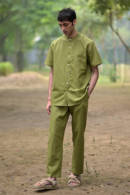 Buy_RAAS LIFE_Green Linen, Cotton Solid Olive Shirt And Pant Set _Online_at_Aza_Fashions