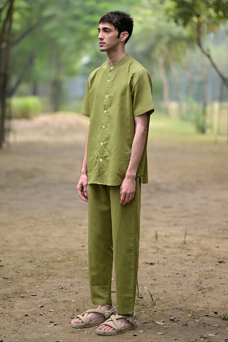 Shop_RAAS LIFE_Green Linen, Cotton Solid Olive Shirt And Pant Set _Online_at_Aza_Fashions