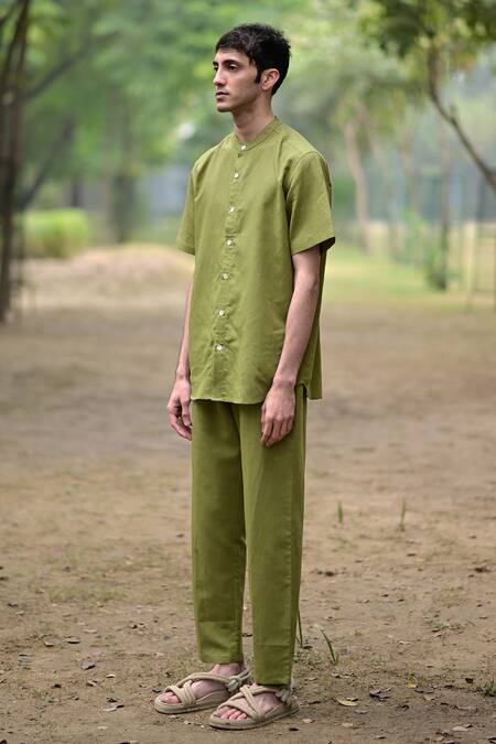 RAAS LIFE Green Linen, Cotton Olive Shirt Online at Aza Fashions RAAS LIFE_Green Linen, Cotton Olive Shirt _Online_at_Aza_Fashions