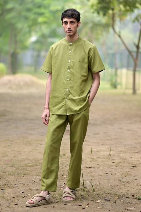Shop RAAS LIFE Green Linen, Cotton Olive Shirt Online at Aza Fashions Shop_RAAS LIFE_Green Linen, Cotton Olive Shirt _Online_at_Aza_Fashions