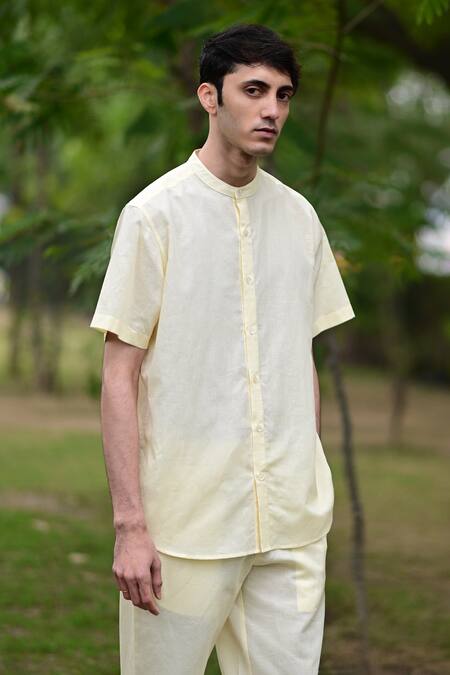 Shop_RAAS LIFE_Yellow Linen, Cotton Band Collar Shirt And Pant Set _Online_at_Aza_Fashions